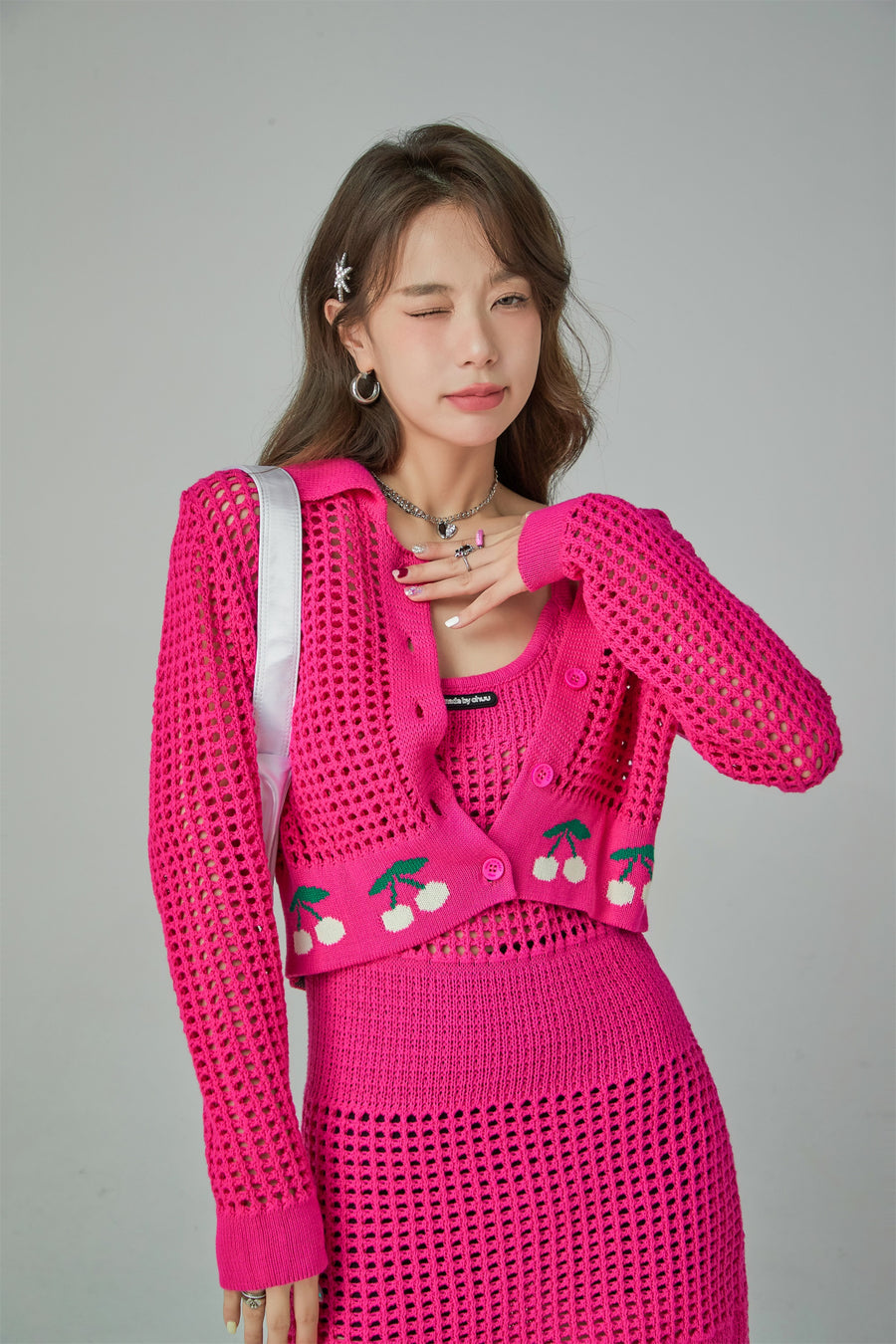 CHUU Hot Pink Cherry Crochet Crop Cardigan