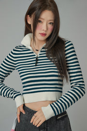 I Own A Yacht Polo Neck Stripe Cropped Knit Top