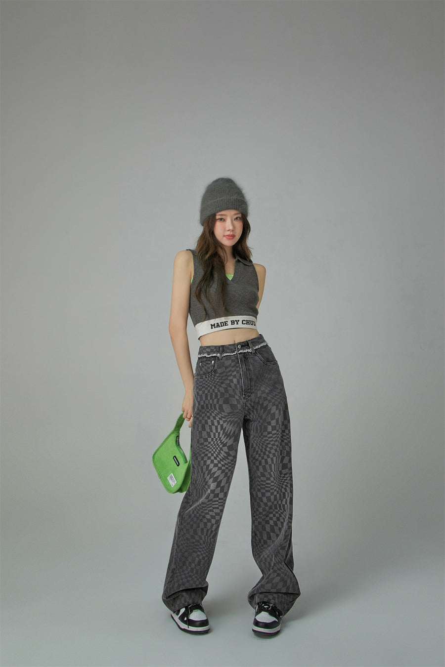 CHUU Check High-Waisted Wide Denim Pants