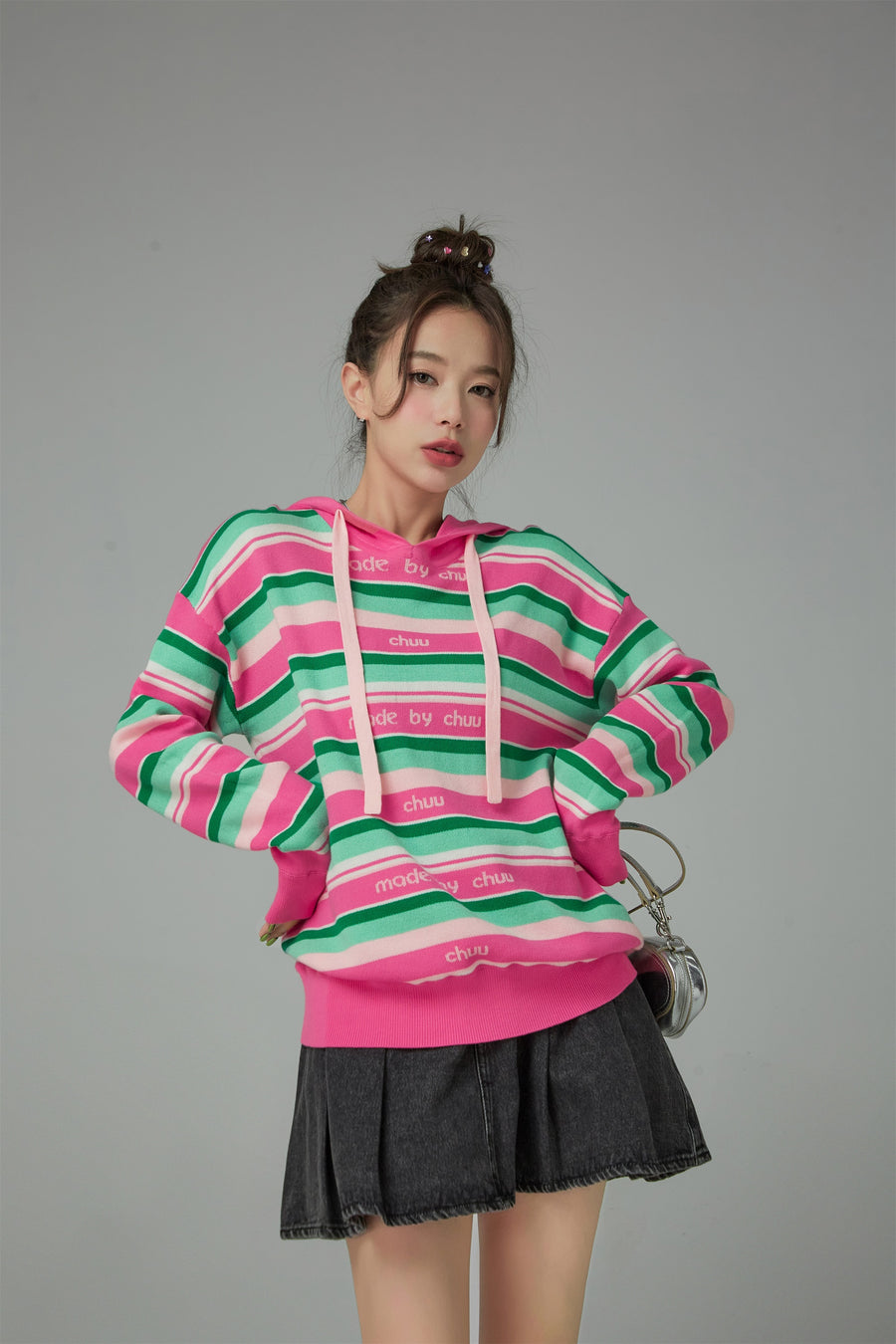 CHUU A Quick Run Rainbow Stripe Hooded Knit Hoodie