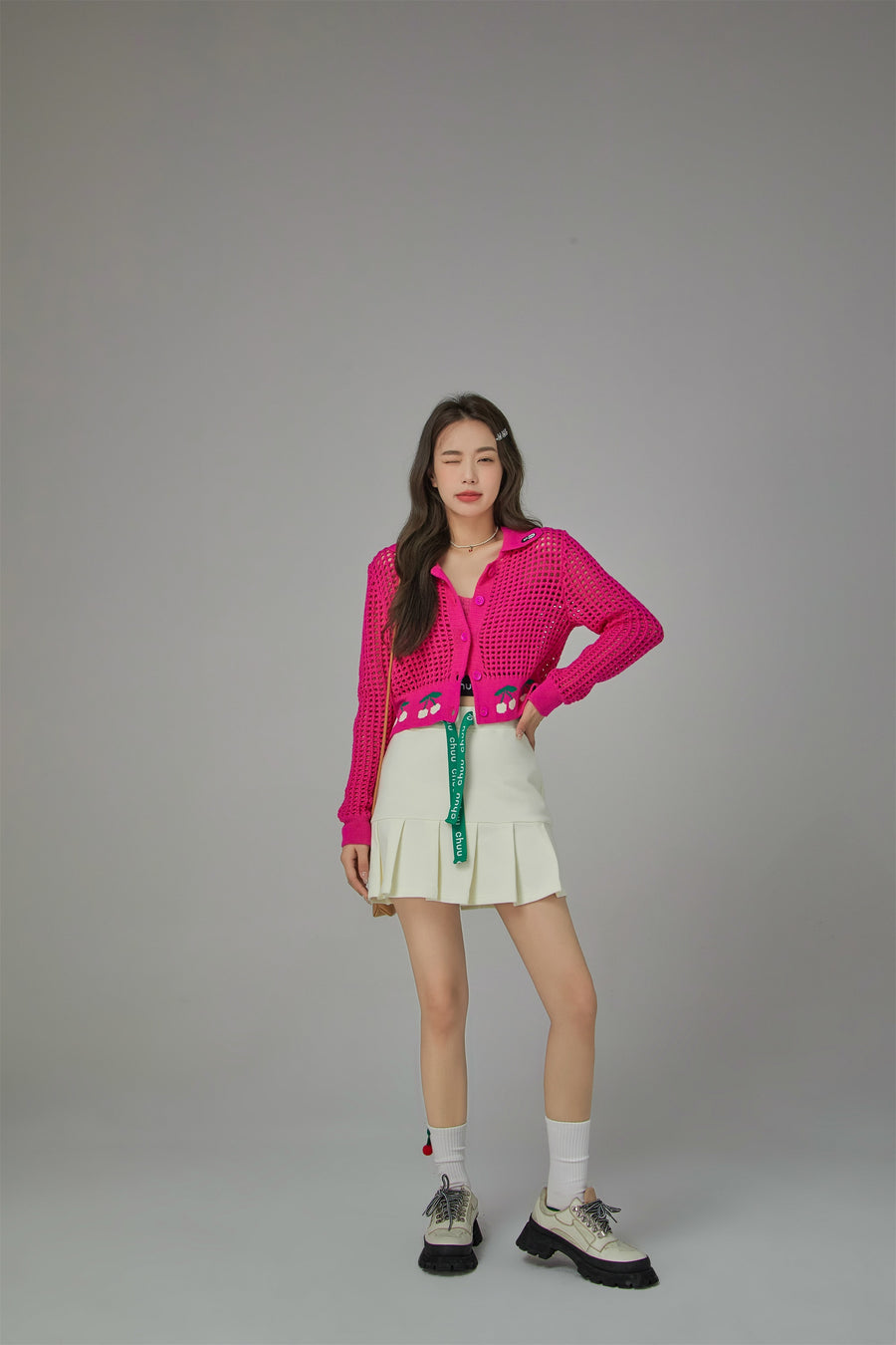 CHUU Hot Pink Cherry Crochet Crop Cardigan