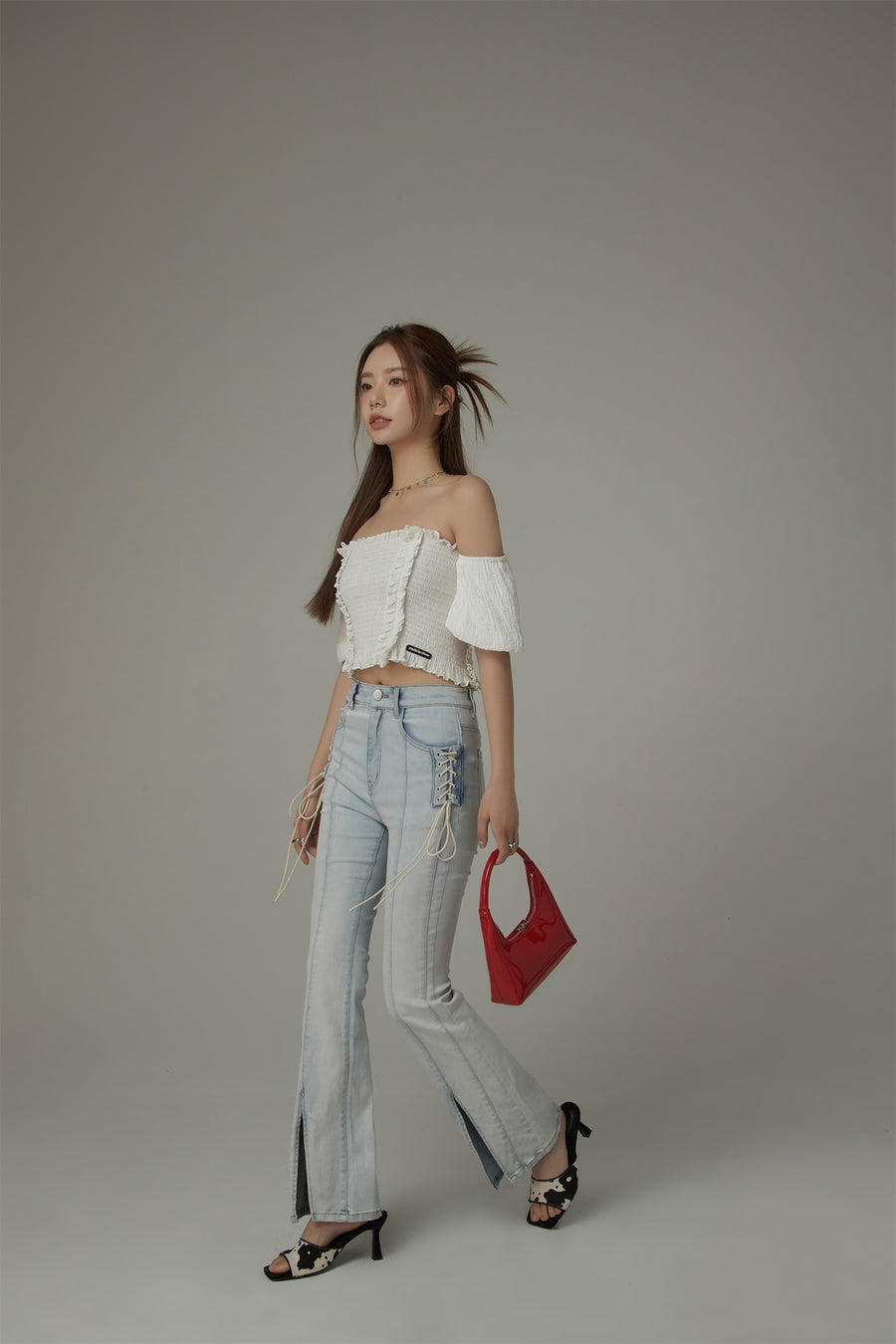 CHUU Lace Up Pocket Slit Bootcut Light Wash Denim Jeans