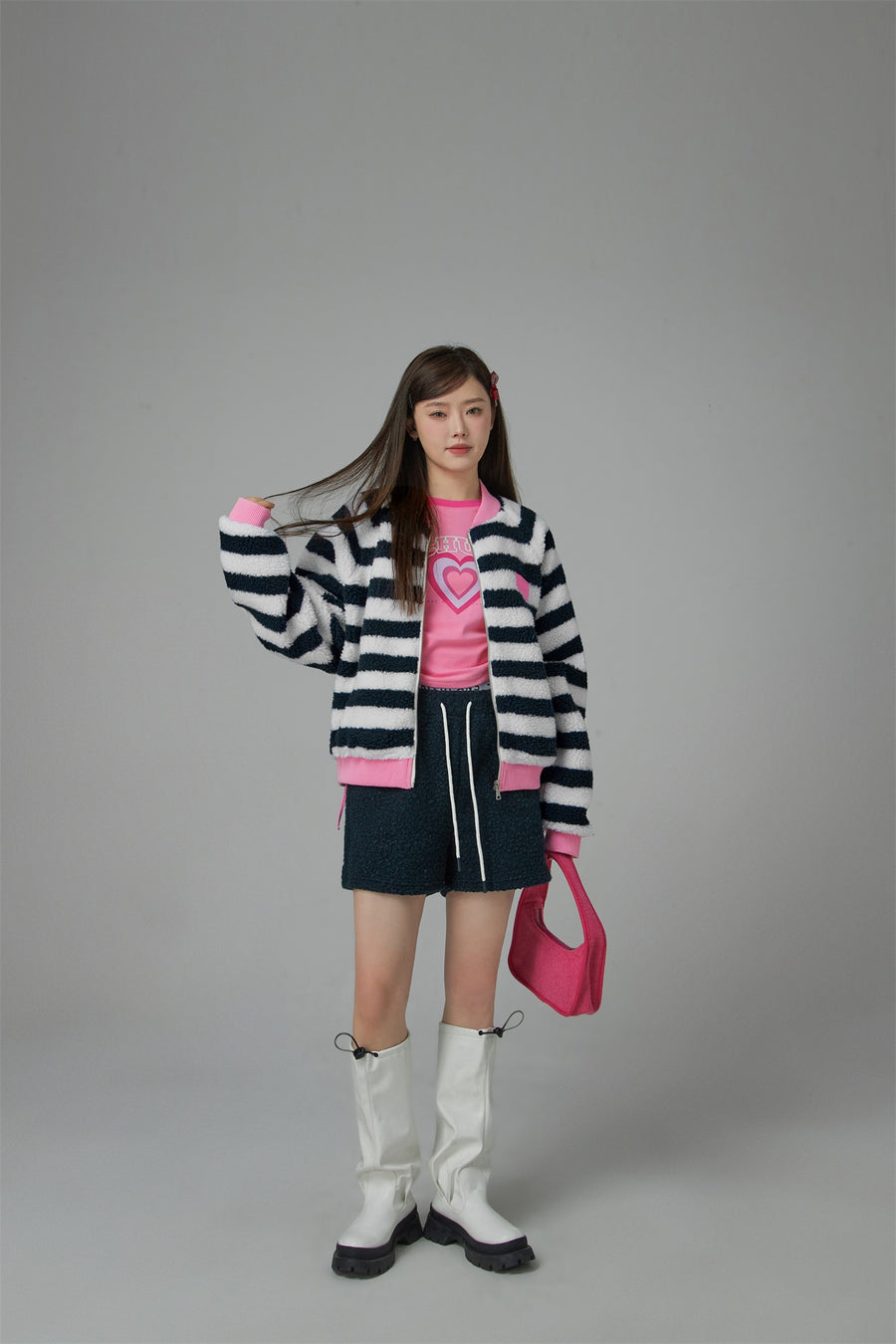 CHUU I Am The One Striped Loose-Fit Fleece Jacket