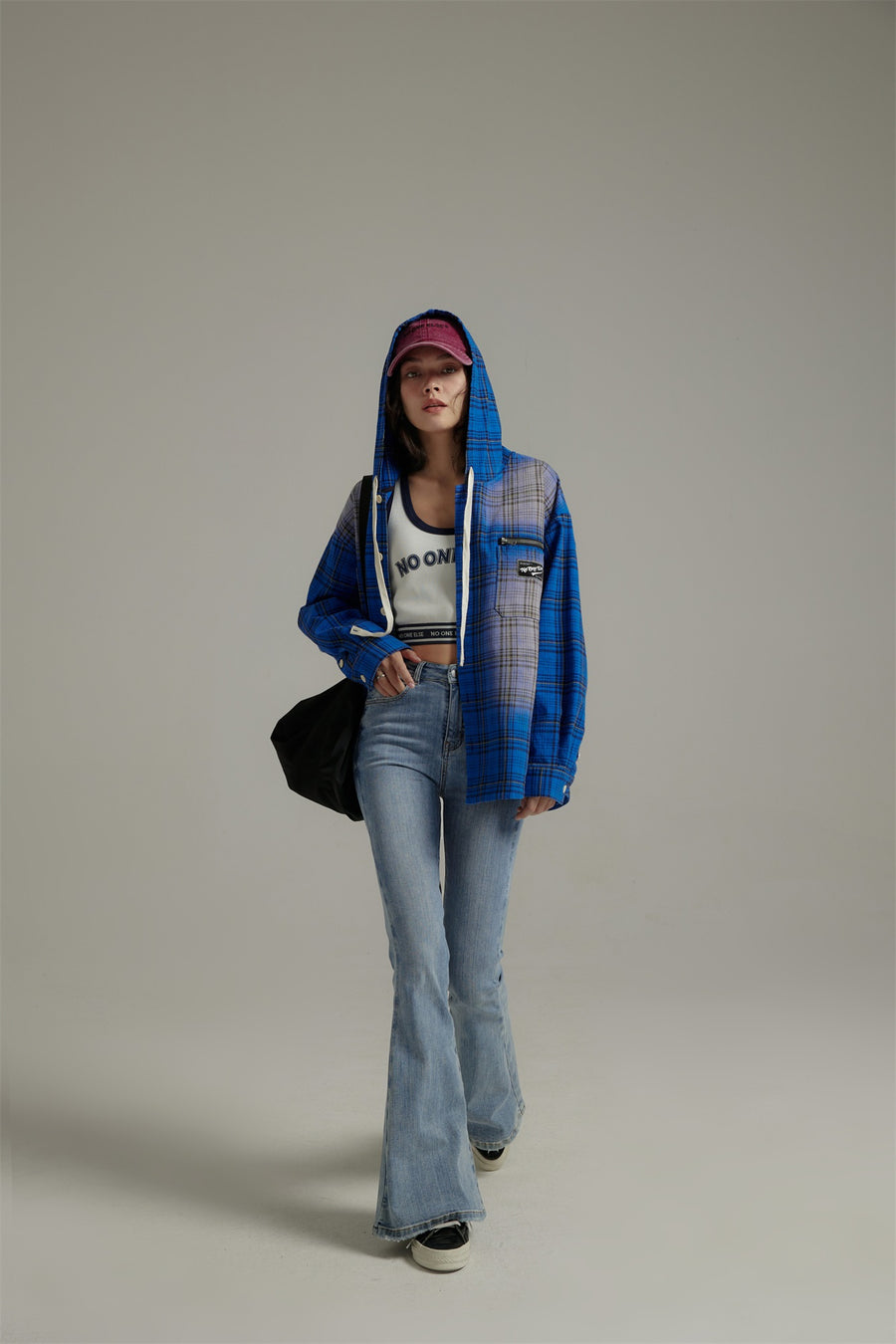 CHUU String Check Hooded Shirt