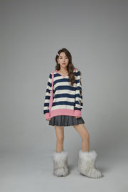 Open Book Loose Fit V-Neck Striped Knit Top