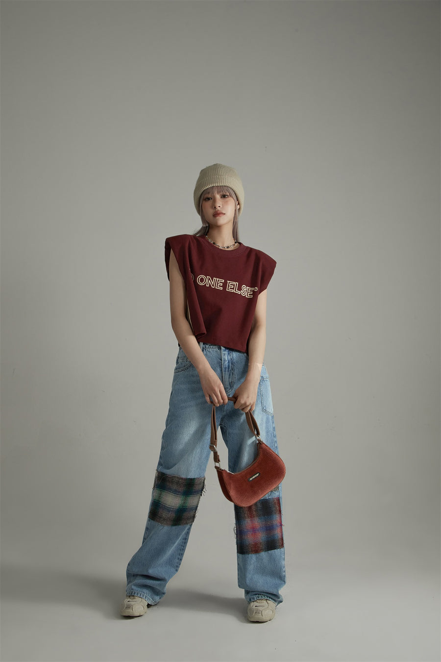 CHUU Tartan Patchwork Wide Straight Jeans