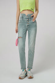 High Waist Button Slim Jeans