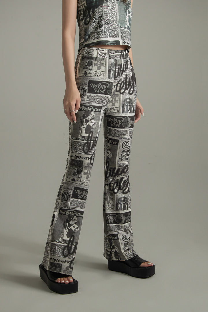 Vintage Newspaper Bootcut Pants