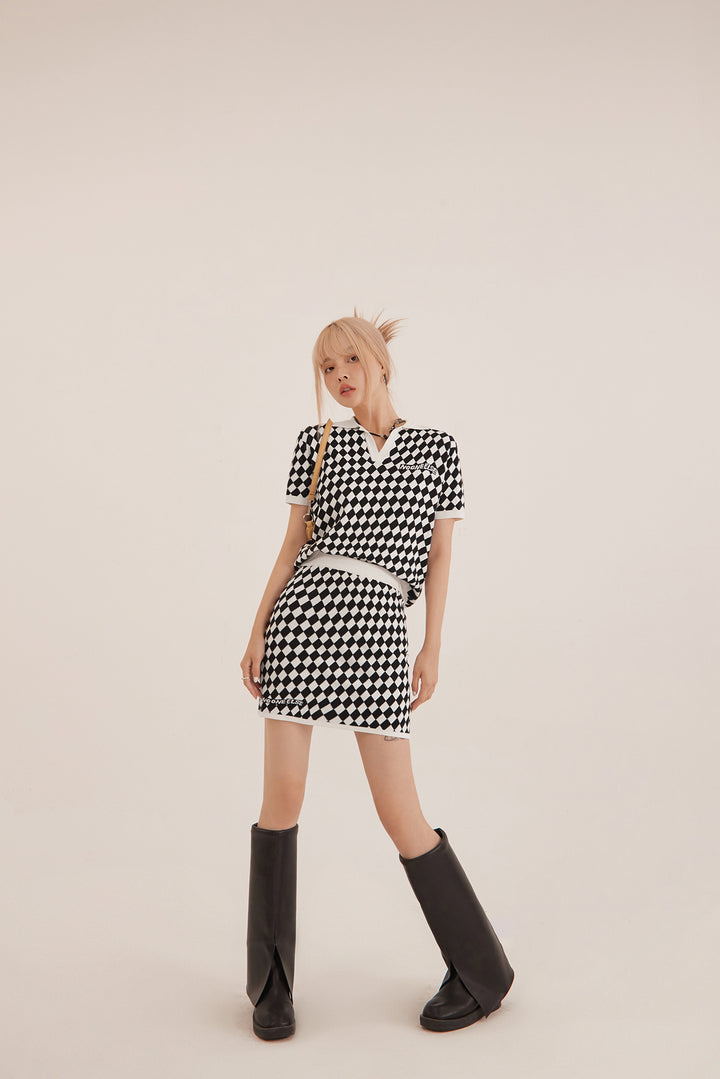 Diamond Check Ribbed Mini Skirt