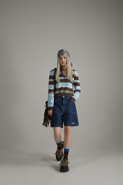 Open Collar Stripe Color Knit Sweater