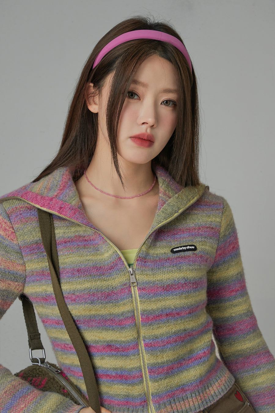 CHUU Rainbow Striped Zip-Up Knit Cardigan