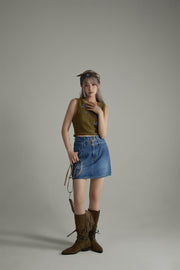 Double Belted Mini Denim Skirt