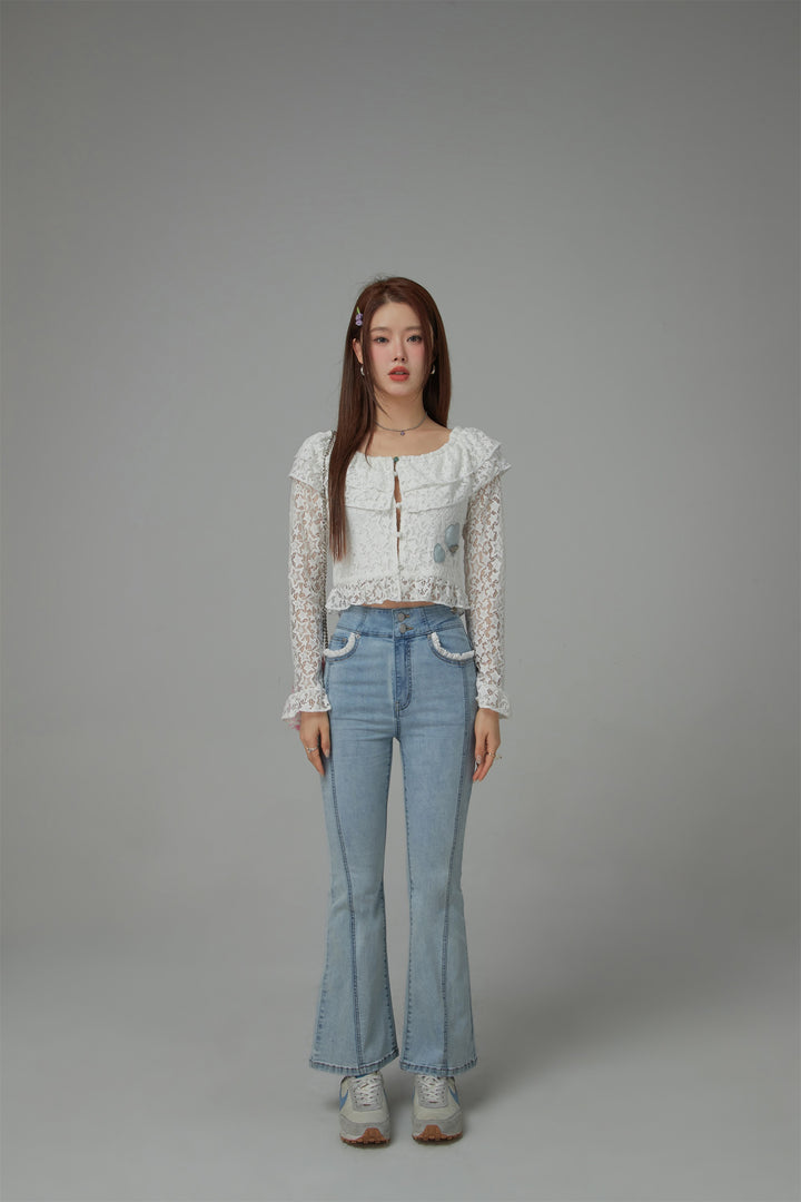 Star Lace Button Crop Blouse