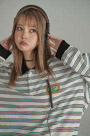 Striped Polo Neck Loose Fit T-Shirt