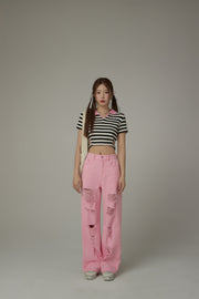 Striped Side Cut Out Cropped T-Shirt