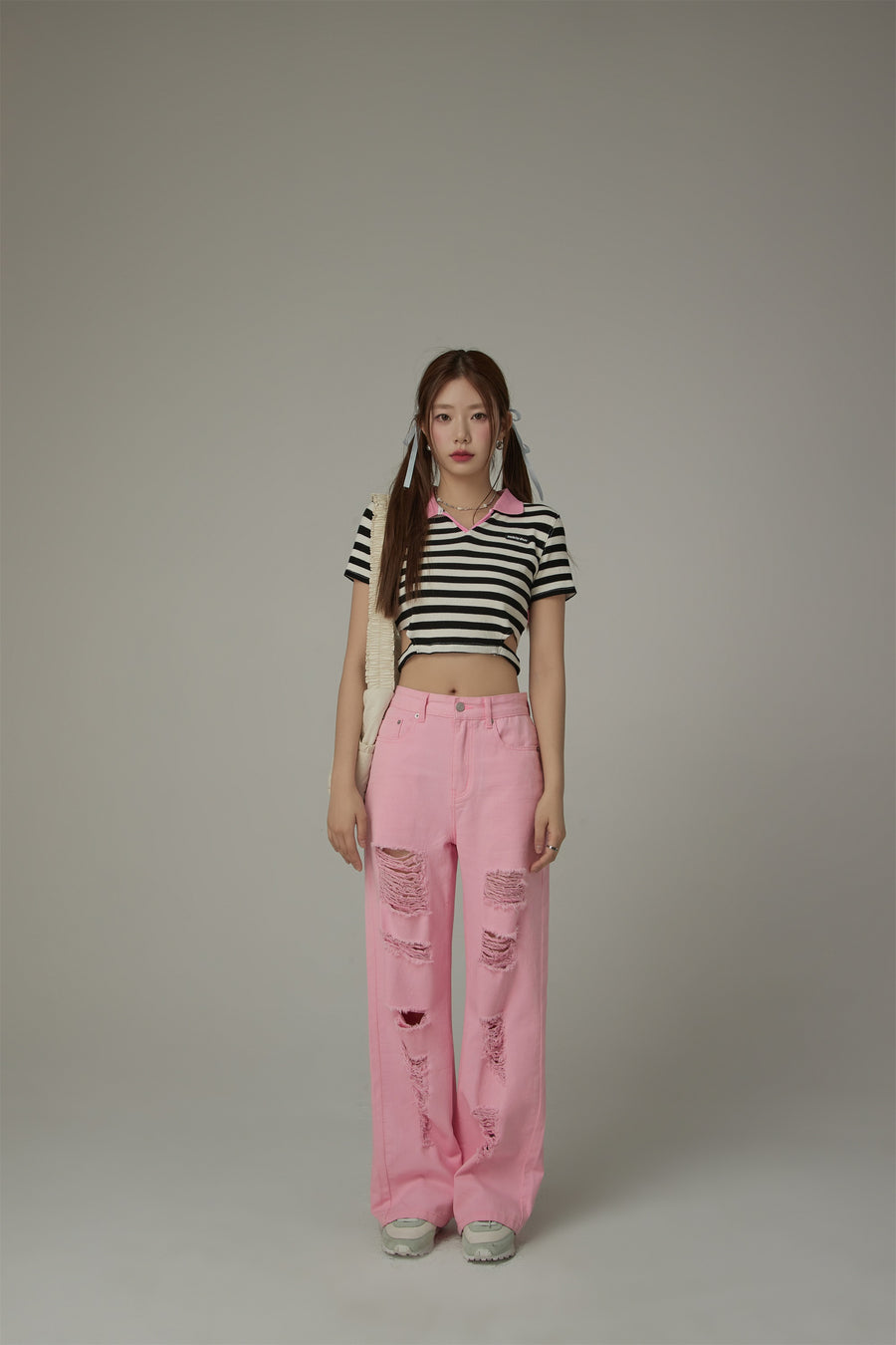 CHUU Striped Side Cut Out Cropped T-Shirt