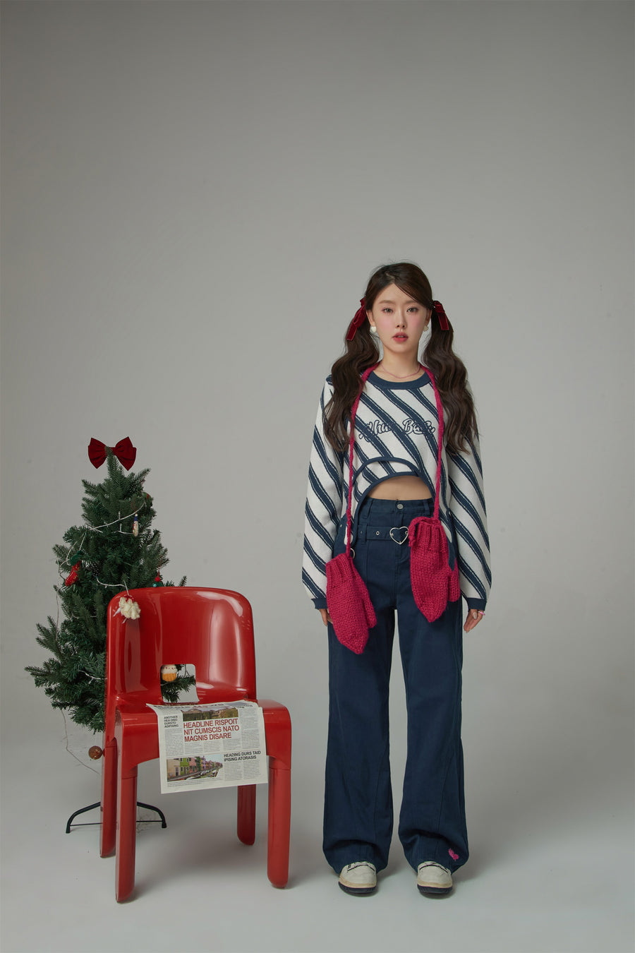 CHUU Heart Belt High-Waisted Wide Pants