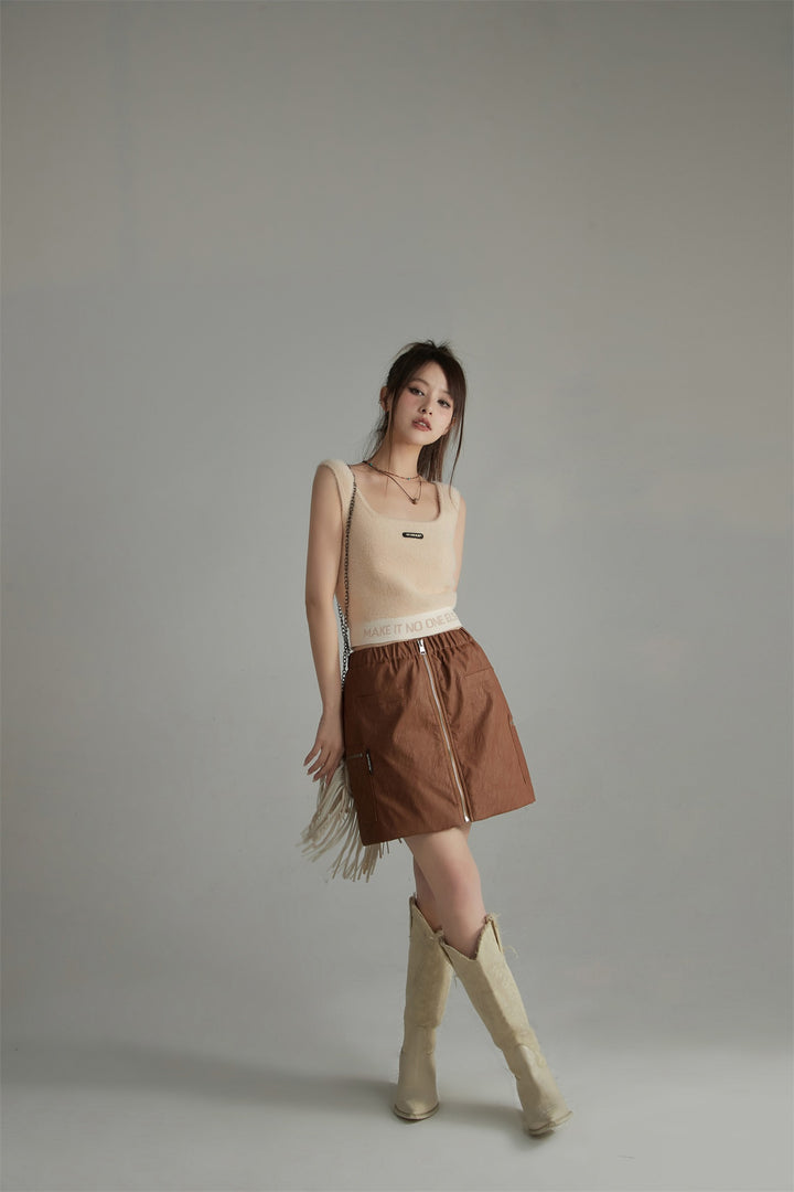 Zip-Up Leather A-Line Skirt