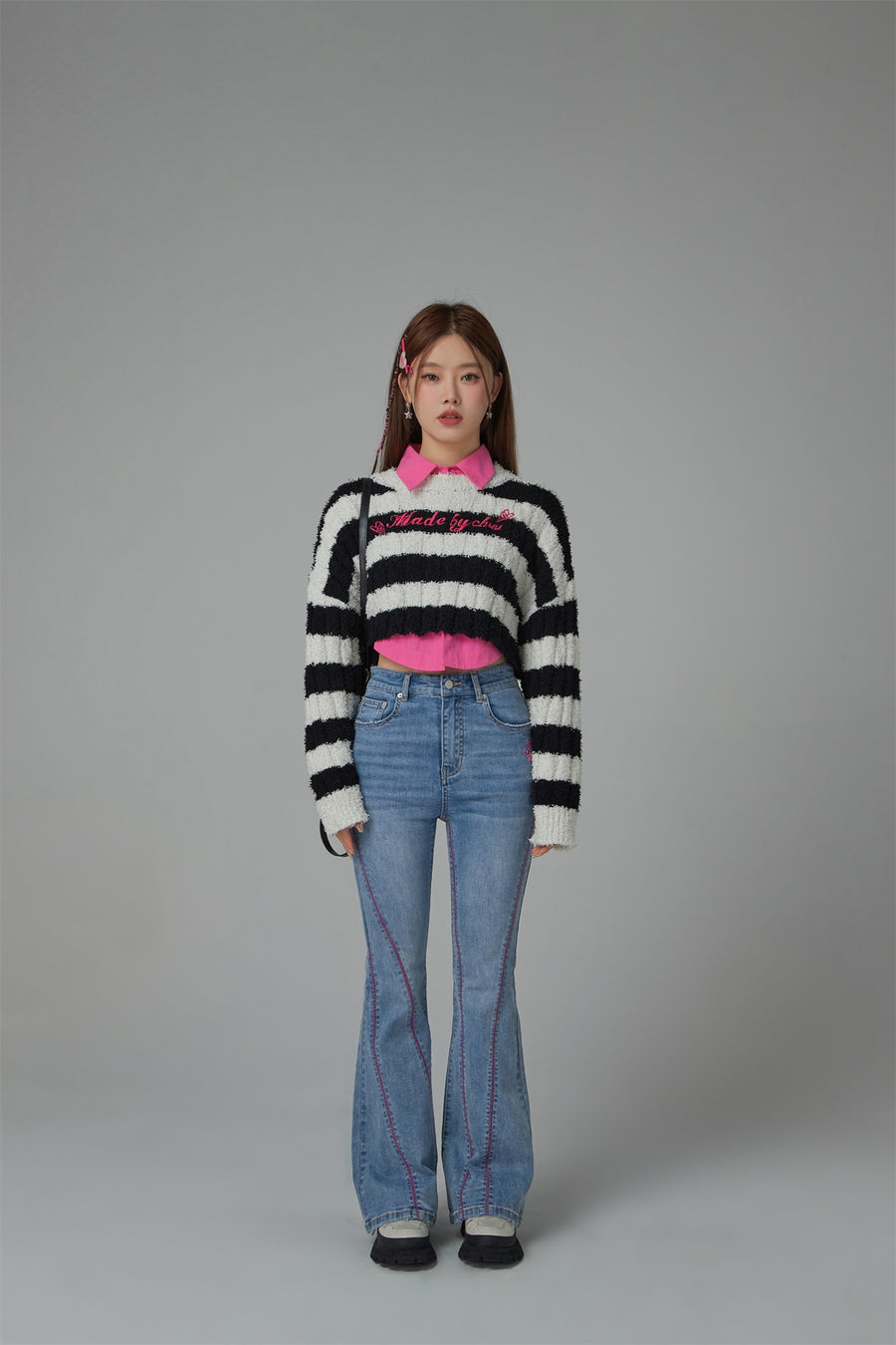 CHUU Pretty Bold Striped Cropped Knit Sweater