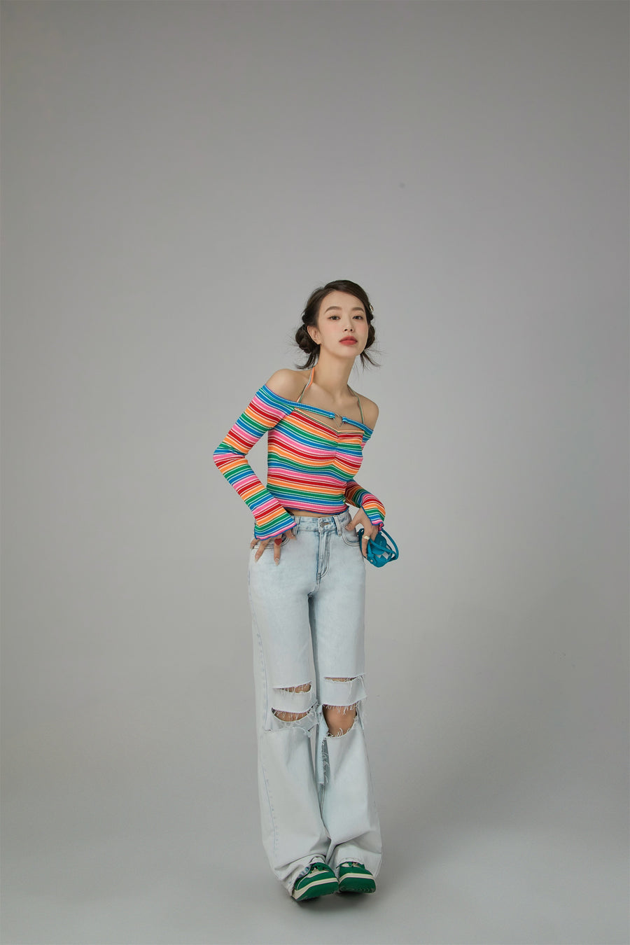 CHUU Rainbow Stripes Off-Shoulder Top