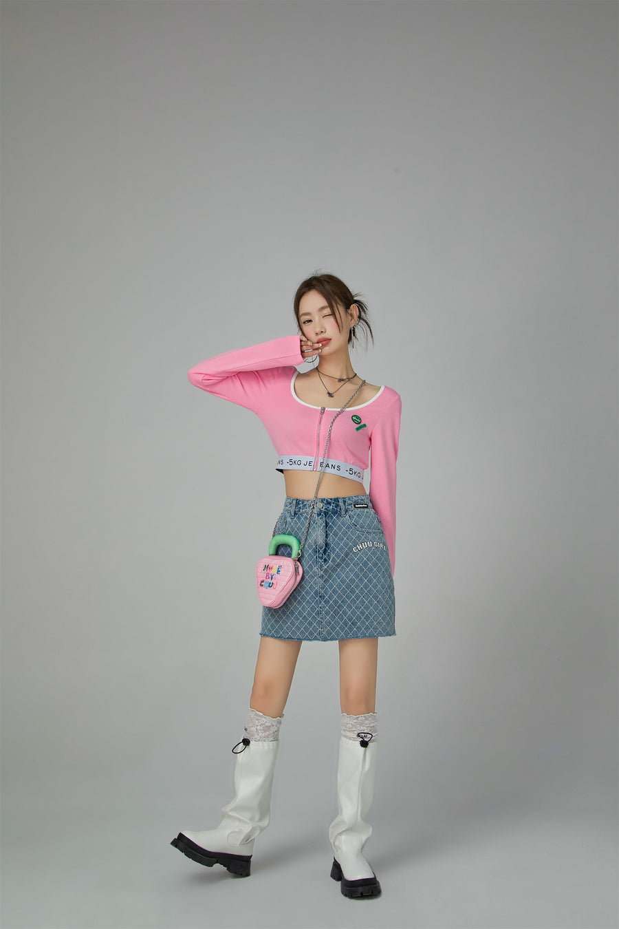 CHUU '-5Kg Jeans Zip-Up Crop Top