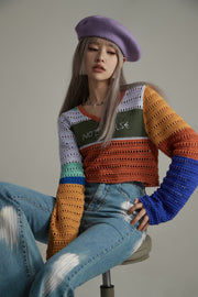 V-Neck Hole Knitted Color Knit Sweater