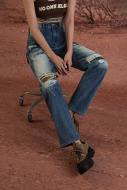 Distressed Washed Camouflage Straight Jeans