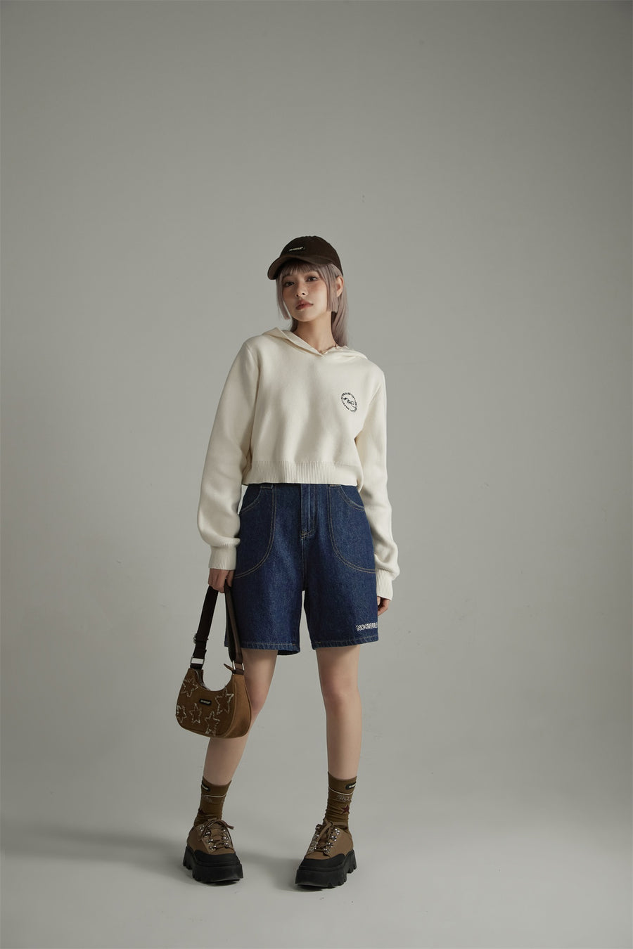 CHUU Noe Cropped Knit Hoodie