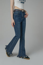 Embroidered Fringed Hem Denim Jeans