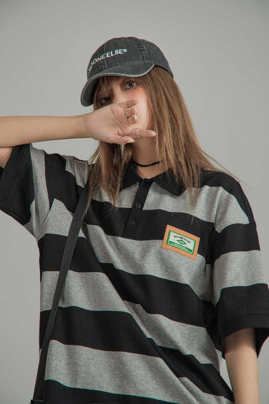 CHUU Striped Polo Neck Loose T-Shirt