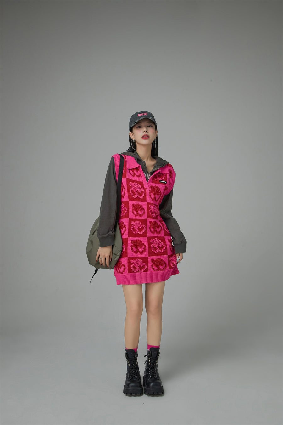 CHUU Cherry Color Block Polo Collar Dress