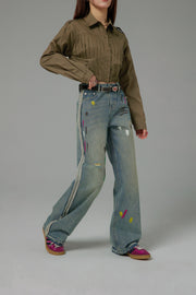 Paint Streaks Straight Wide Denim Pants