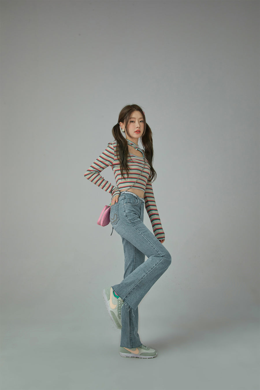 CHUU Waist Wrap Checkered Bootcut Jeans