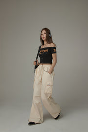 Basic Color String Cargo Wide Pants