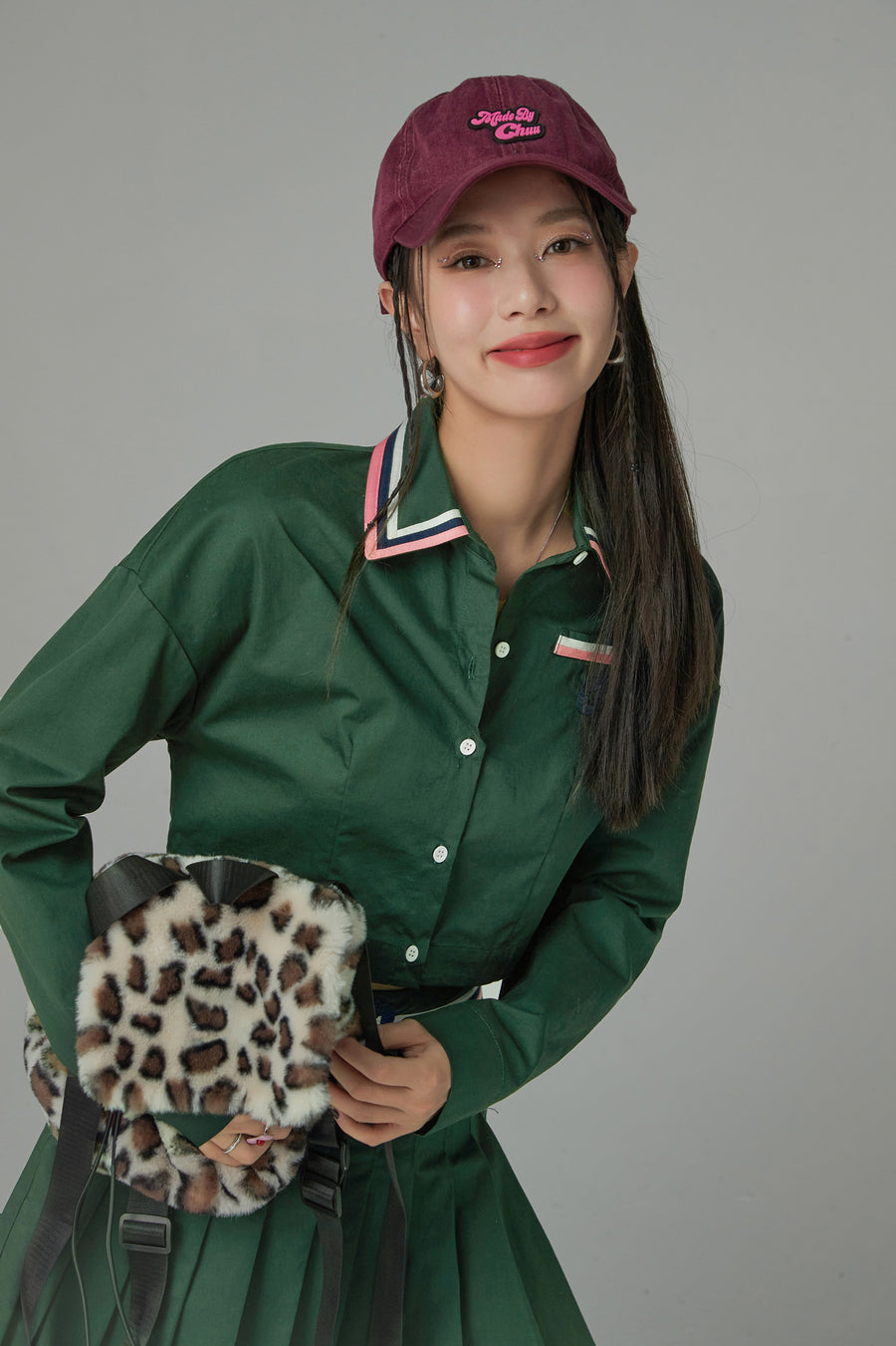 CHUU Embroidered Stripe Collar Crop Shirt