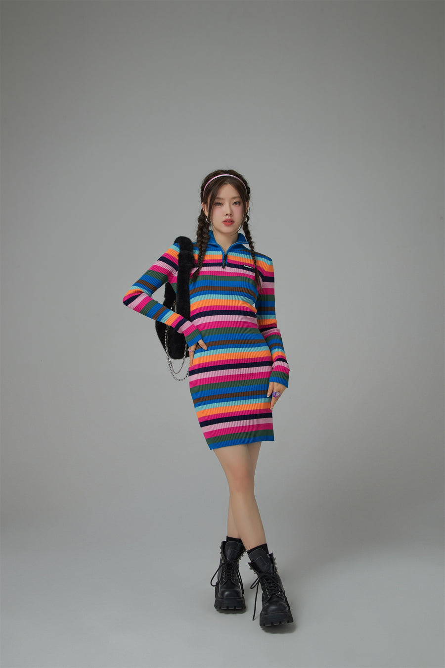 CHUU Colorful Skies Rainbow Striped Knit Dress