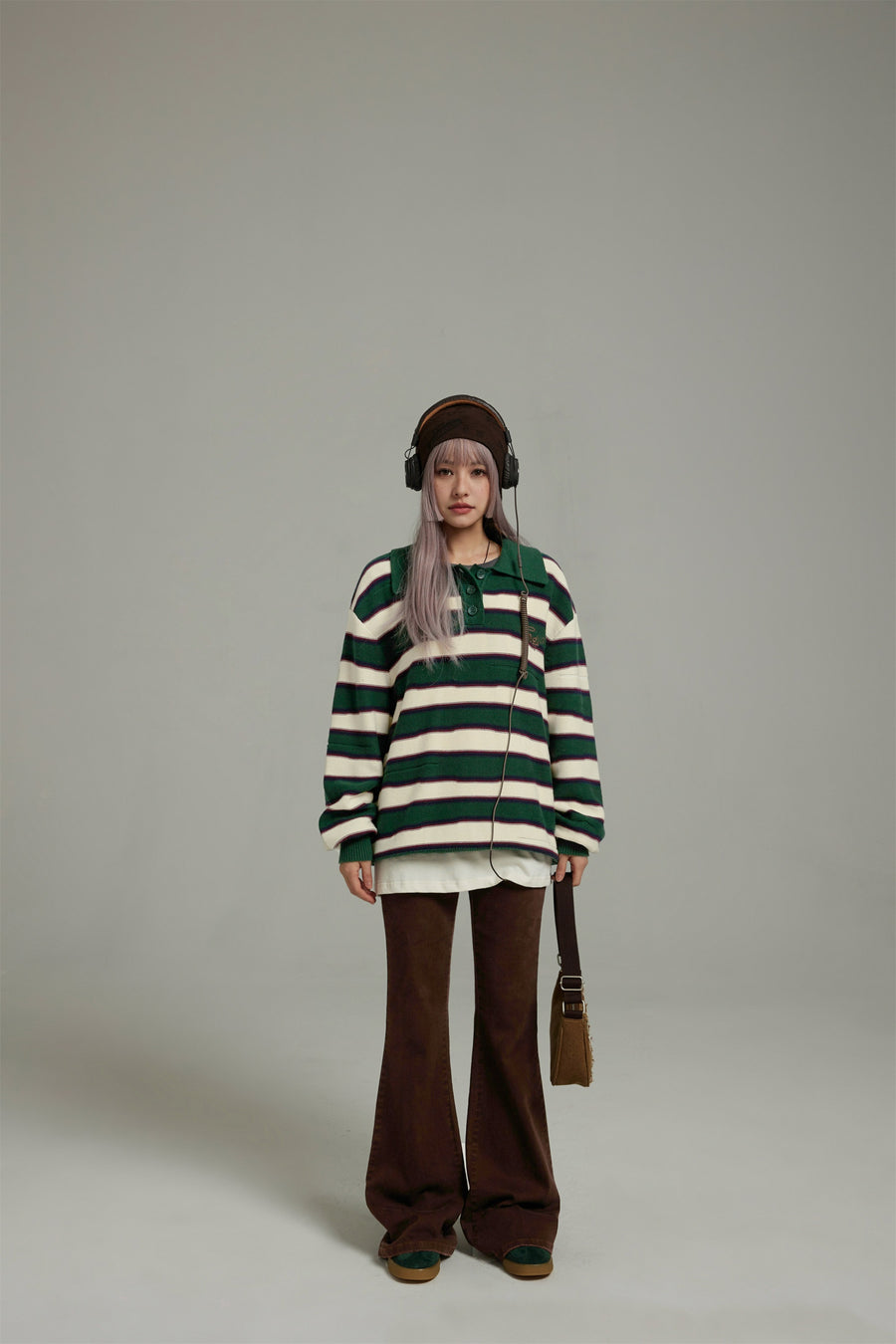 CHUU Polo Neck Stripe Knit Top