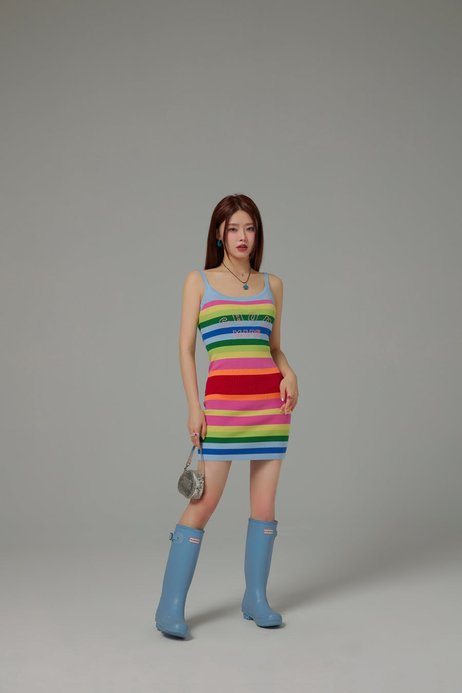 CHUU Rainbow Stripes Knit Cami Dress