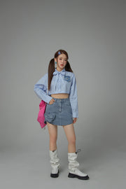 Heart Denim Pocket Stripe Crop Shirt