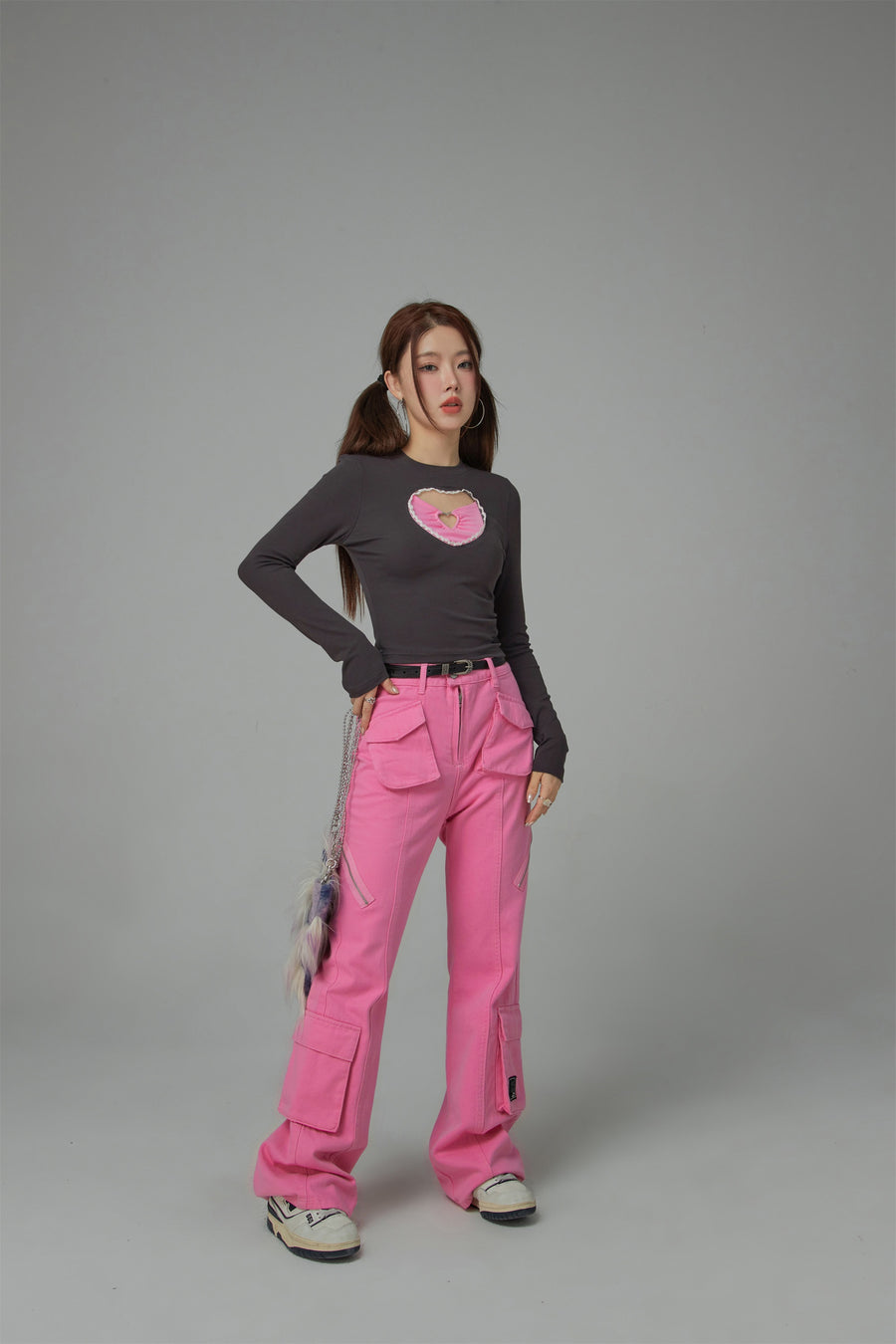 CHUU 2-Layers Heart Cutout Long-Sleeved Top