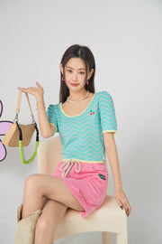 Check Puff Sleeve Knit Top