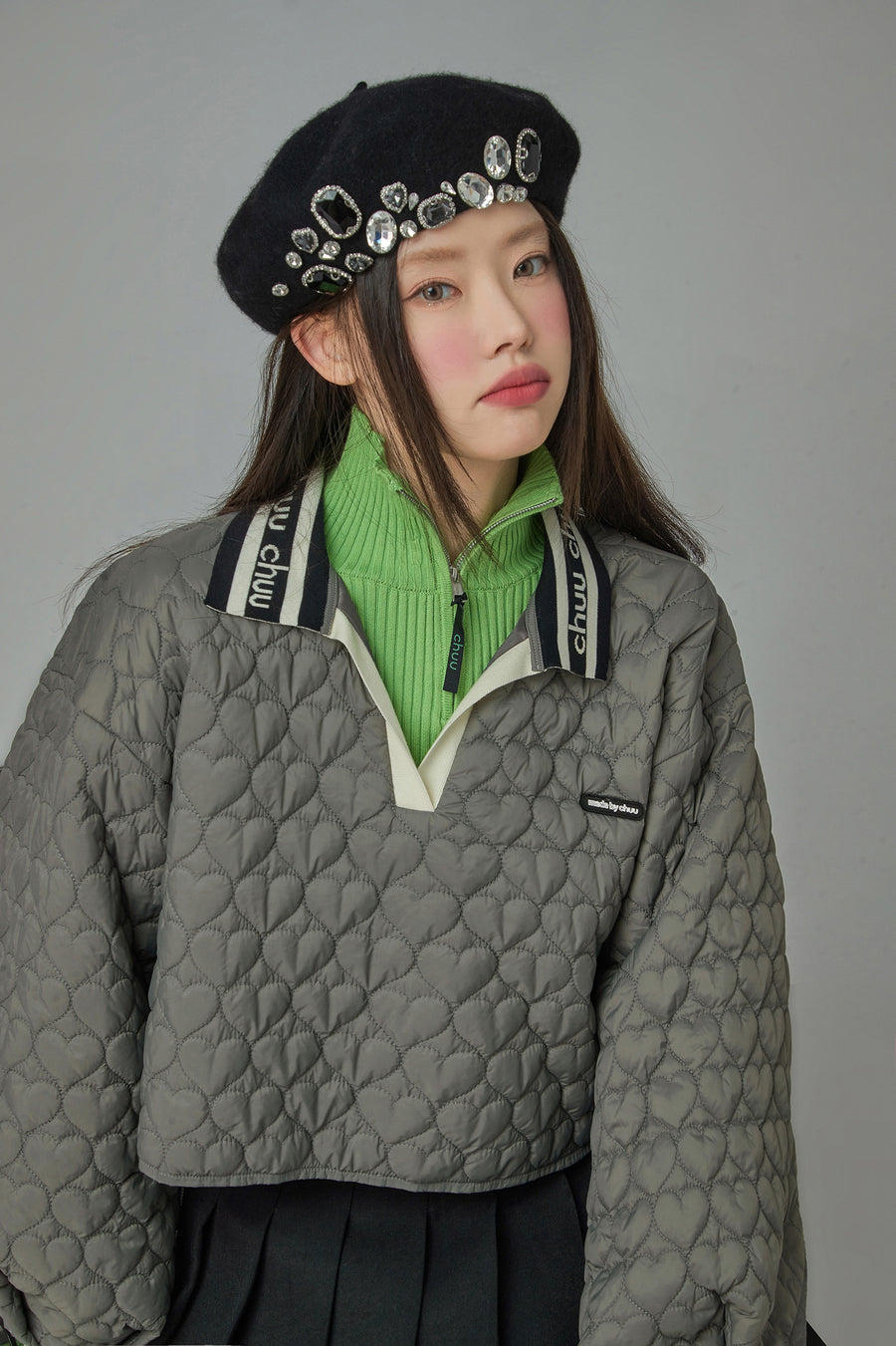 CHUU Heart Quilted V-Neck Anorak