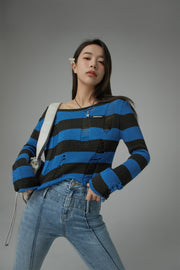 Distressed Stripe Crop Knit Top