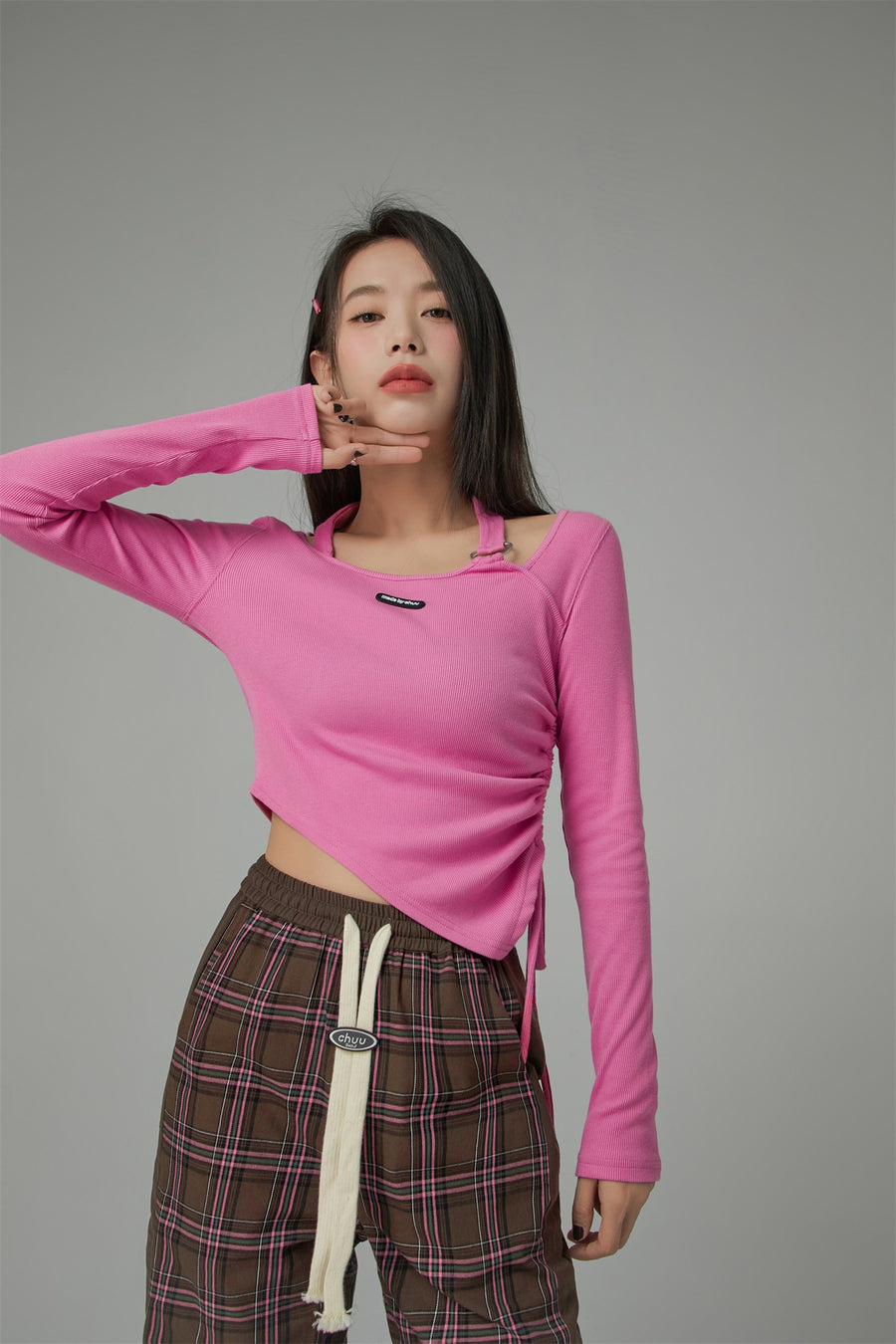 CHUU Unbalanced String Cropped T-Shirt