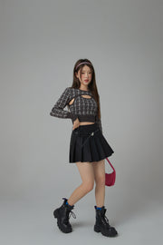 2-Layers Chest Cutout Check Knit Sweater