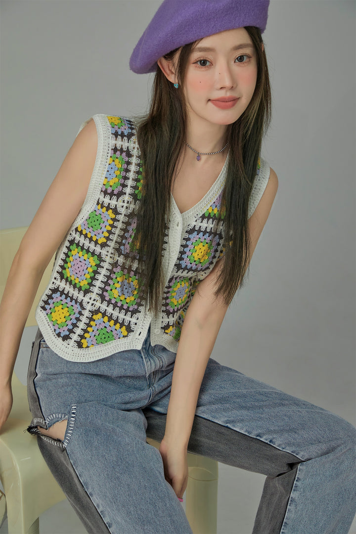 Square Pattern Crochet Vest