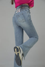 Front Slit Cutout High-Waist Washed Jeans