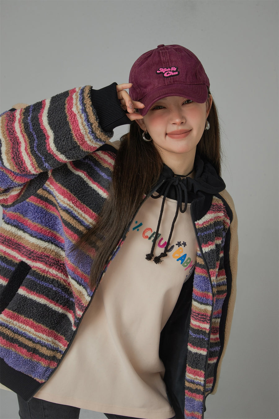 CHUU I See The Light Striped Fleece Overfit Jacket