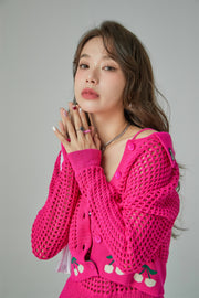 Hot Pink Cherry Crochet Crop Cardigan