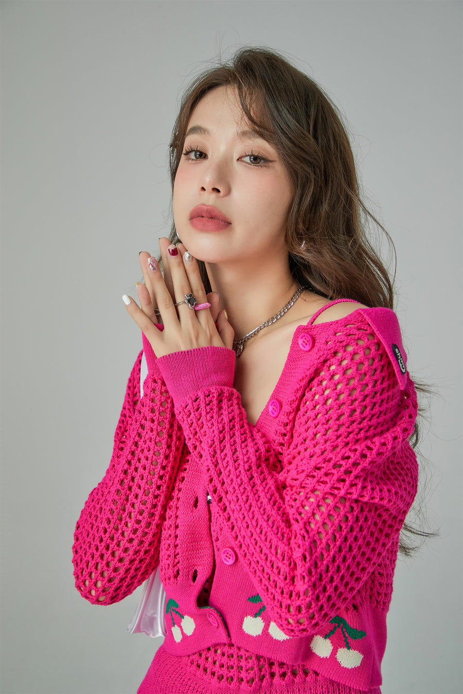 CHUU Hot Pink Cherry Crochet Crop Cardigan